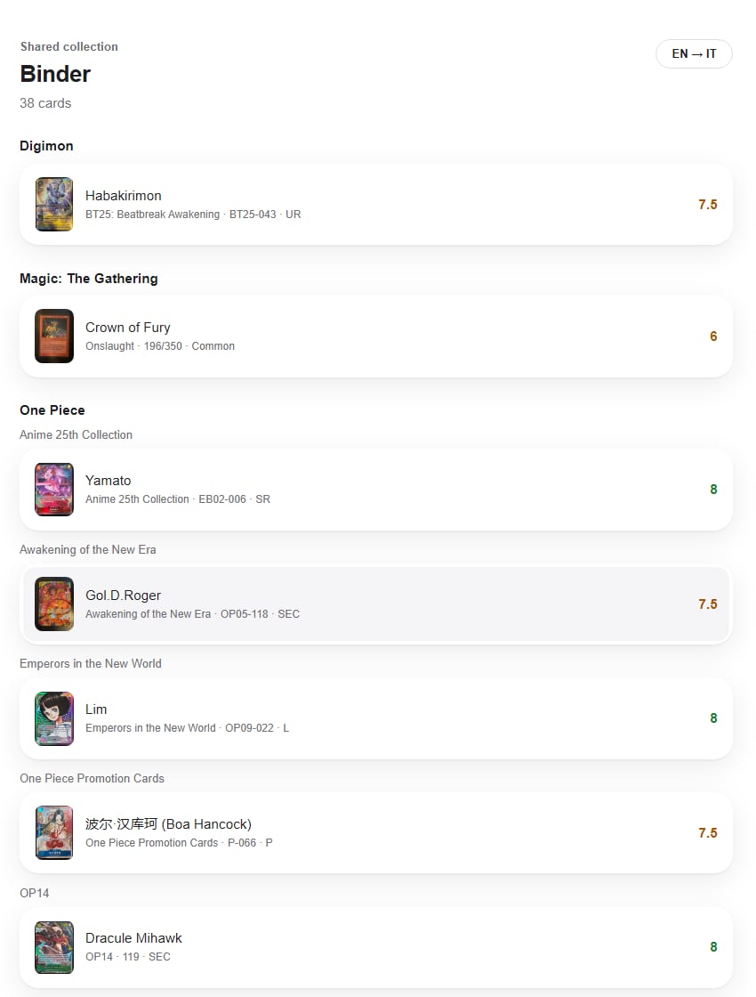Publicly shared collection, with grades and sets